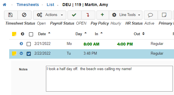 Timesheet Notes Screenshot